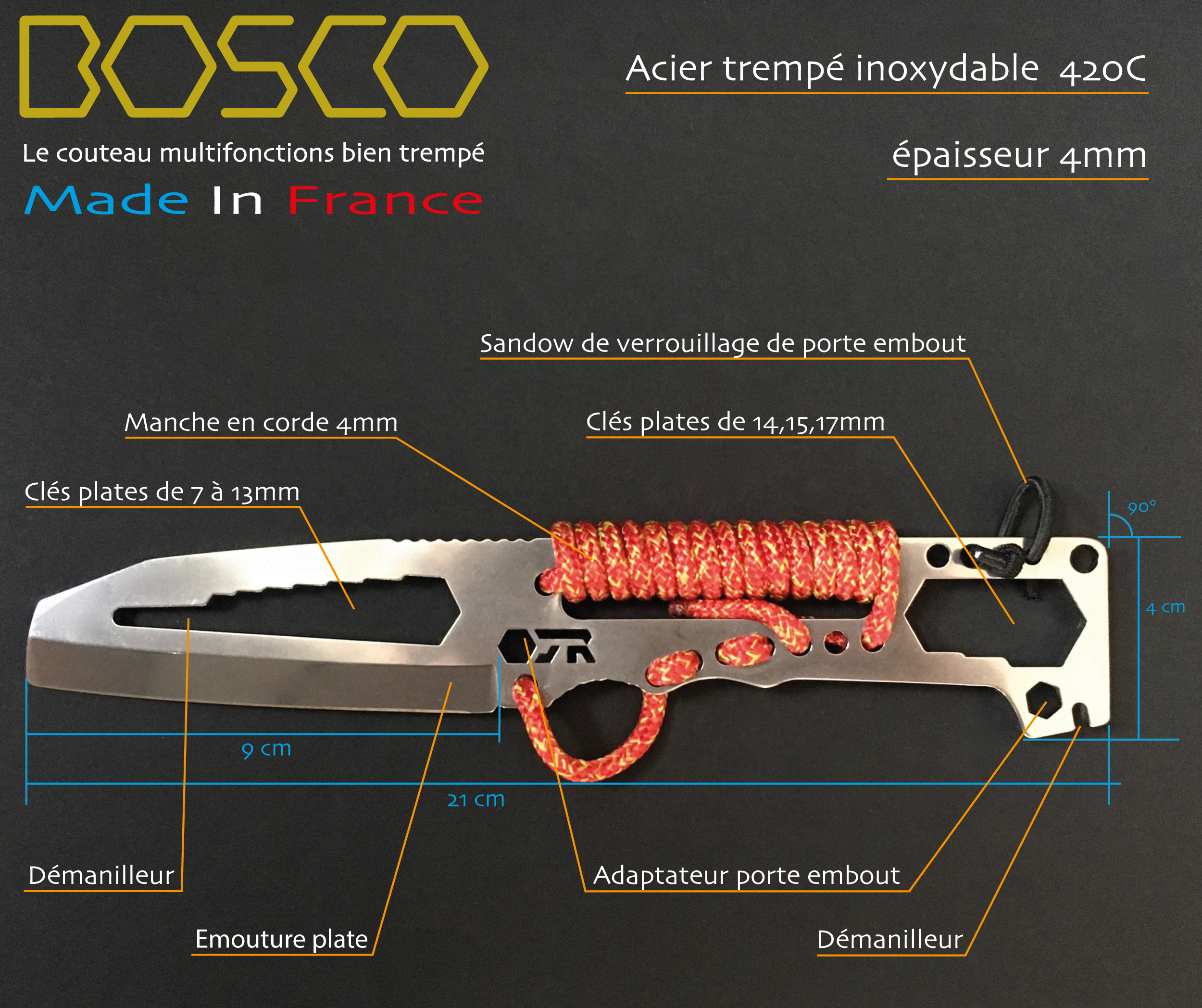 Descriptif Bosco OJR, couteau de sécurité multifonctions nautique